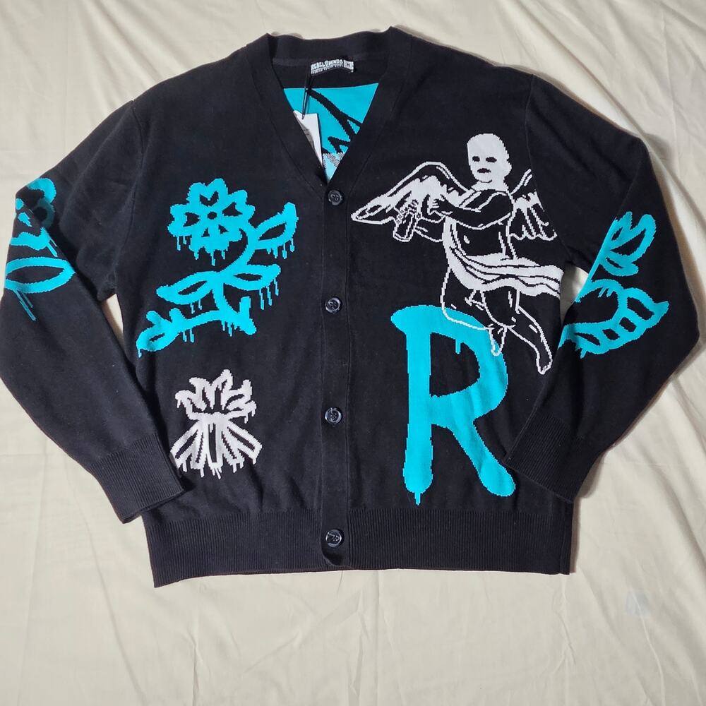 Rebel Minds Graffiti Cherub Angel Knit Cardigan Sweater NWT Men's Medium Black